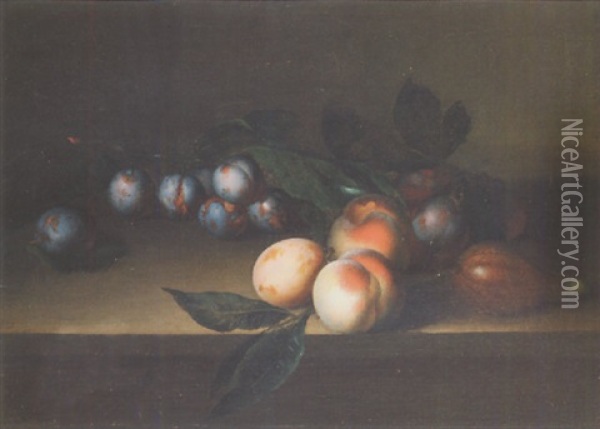 A Still Life Of Plums, Peaches And A Fig On A Wooden Table Oil Painting - Pierre Dupuis