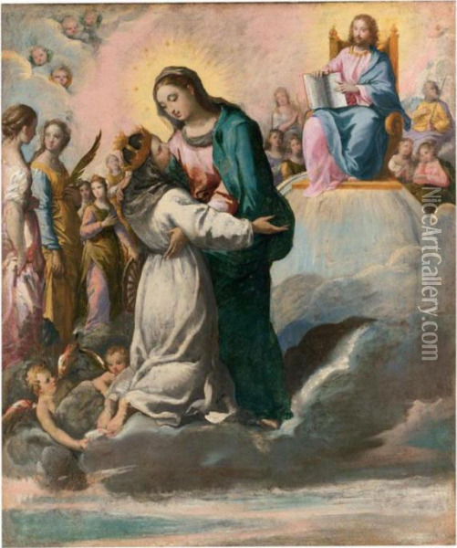 La Vergine Accoglie Santo Stefano D'ungheria In Paradiso Oil Painting - Ippolito Scarsella (see Scarsellino)