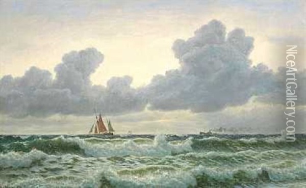 Marine Med Morke Skyer, Der Traekker Op I Horisonten Oil Painting - Christian Blache