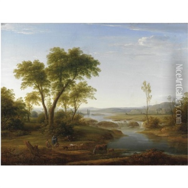 Paesaggio Fluviale Con Figure E Animali Oil Painting - Hendrick Frans van Lint