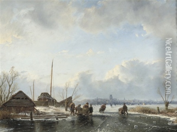 Skating On The Ice Near Dordrecht Oil Painting - Everardus Benedictus Gregorius Pagano Mirani