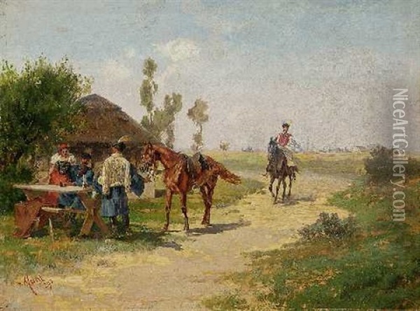 Ungarische Reiter In Einer Schenke In Der Puszta Oil Painting - August Von Meissl