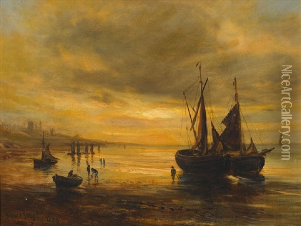 Segelboote An Der Englischen Kuste Bei Sonnenuntergang Oil Painting - Samuel Bough