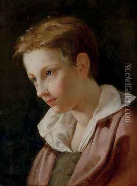Portrait of a young boy, in a grey vest and red jacket Oil Painting - French School