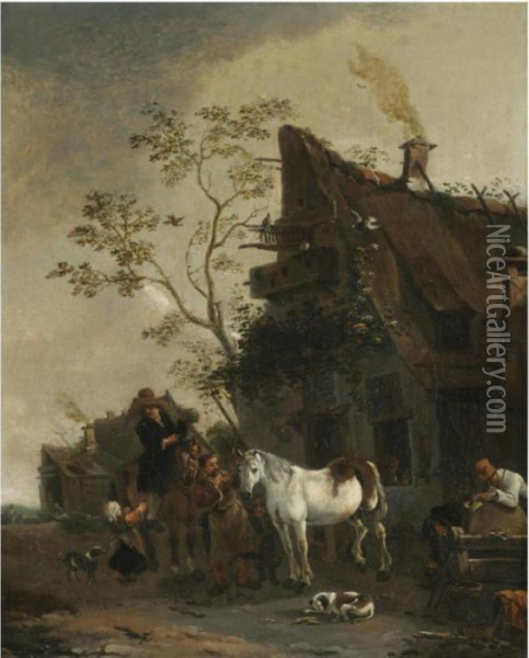 A Village Scene With Figures Outside A Farrier's Shop Oil Painting - Thomas Wyck