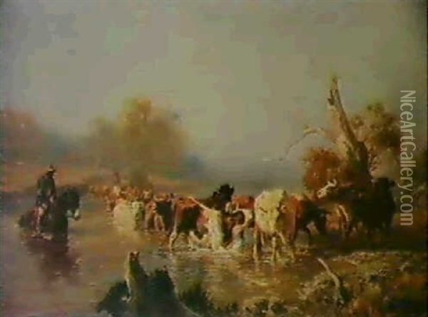 Cattle Fording A River Oil Painting - Jan Hendrik Scheltema