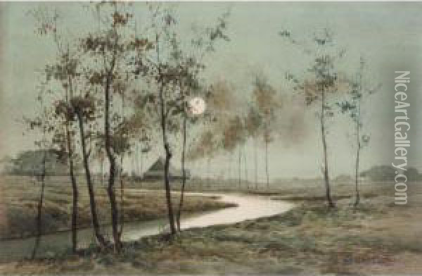 Moonlit Landscape Oil Painting - Seiho Takeuchi