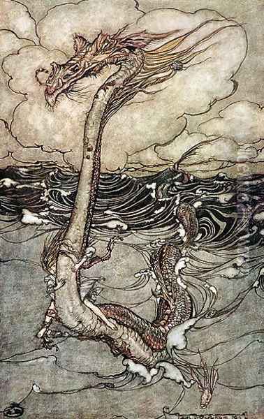 A Young Girl Riding a Sea Serpent, 1904 Oil Painting - Arthur Rackham