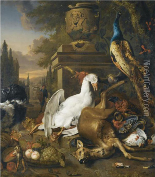 A Still Life With A Peacock, A 
Swan, A Deer, A Dog, A Monkey, Apheasant And Other Game Birds, Together 
With Grapes And Peaches Ina Basket, Before A Sculpted Urn On A Plinth, A
 Man Returning Fromthe Hunt Beyond Oil Painting - Jan Weenix