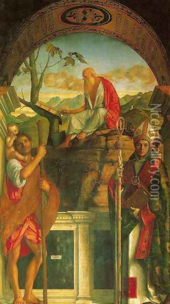 St. Christopher, St. Jerome, and St. Louis (I santi Cristoforo, Gerolamo e Ludovico) Oil Painting - Giovanni Bellini