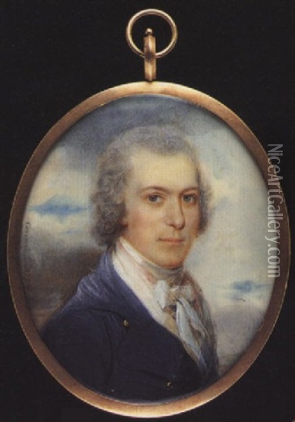 Gabriel Goldney Wearing Blue Coat With Brass Buttons, Pink And White Waistcoat, Tied White Cravat, His Hair Powdered Oil Painting - William Grimaldi