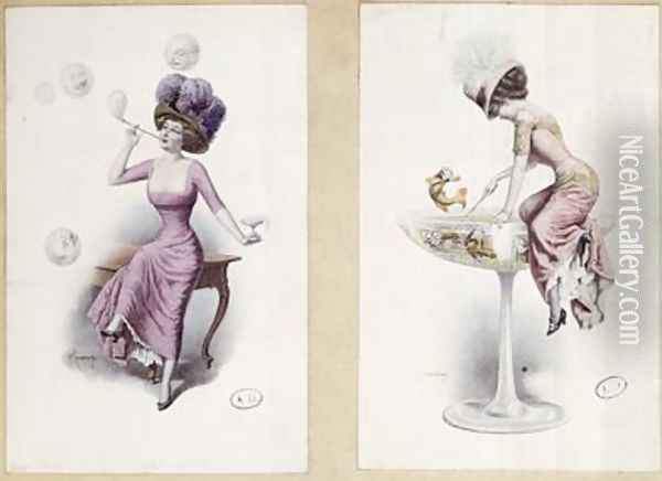 Postcards depicting a woman blowing bubbles and fishing in a Champagne Glass Oil Painting - F. Kuderna