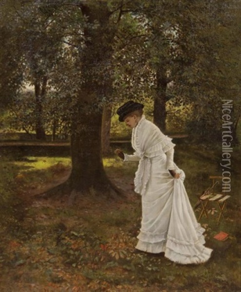 Woman In A Park Oil Painting - Arthur Hughes