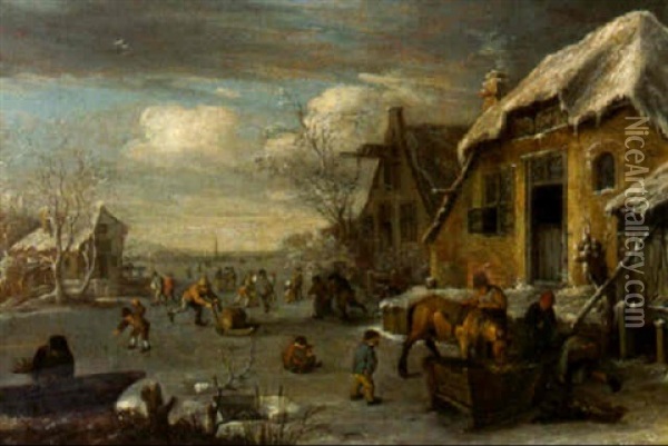 Skaters On A Frozen River By A Tavern Oil Painting - Isaac Van Ostade