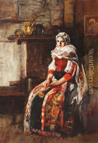 Peasant Girl Oil Painting - Emilian Lazarescu