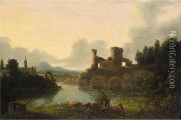 View Of A Lake With Ruins Oil Painting - Richard Wilson