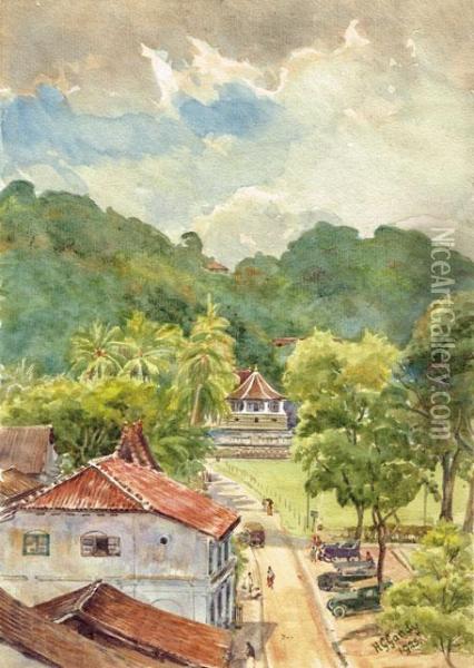 Temple Of The Tooth, Kandy, From A Room Window In Queen's Hotel (sri Lanka) 1925 Oil Painting - Henry George Gandy