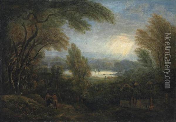 A View Across The Thames From Richmond Hill, With Travellers On A Path Oil Painting - Sir Joshua Reynolds