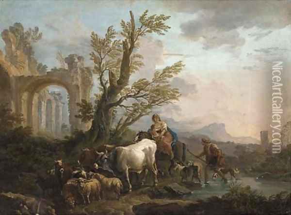 An Italianate river landscape with a peasant family travelling with his goats and cattle Oil Painting - Andrea Locatelli