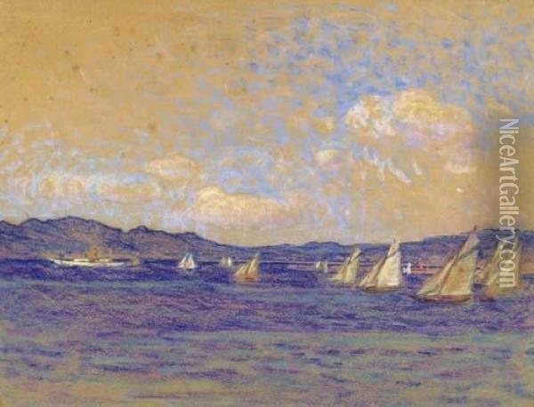 Segelboote Auf Einem See. Oil Painting - Louis Rheiner