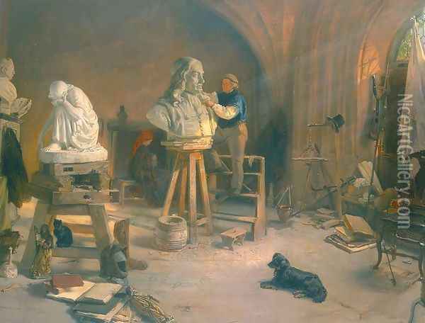 Freitag Carving the Bust of Hevelius Oil Painting - Wilhelm August Stryowski (Stryjowski)