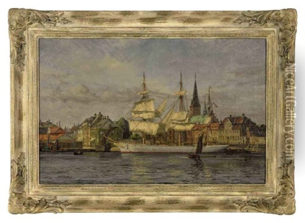 A Danish Schooner In A Harbor Oil Painting - Vilhelm Karl Ferdinand Arnesen