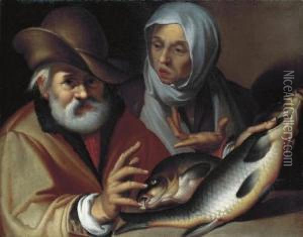 An Old Couple Selling Fish Oil Painting - Bartolomeo Passarotti