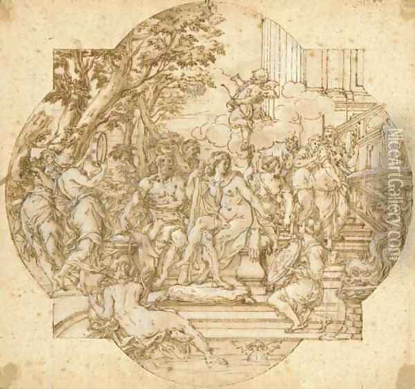 Hercules and Omphale with nymphs on a staircase leading to a fountain Design for a compartment Oil Painting - Giovanni Francesco Romanelli