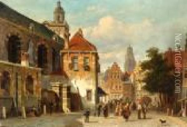 Many Figures On A City Square Oil Painting - Adrianus Eversen