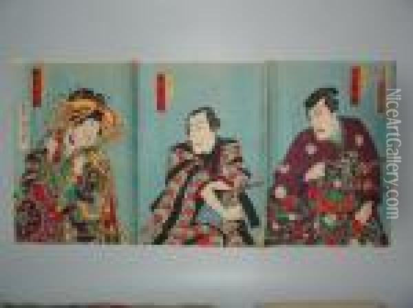 Trois Acteurs En Buste. Oil Painting - Toyohara Kunichika
