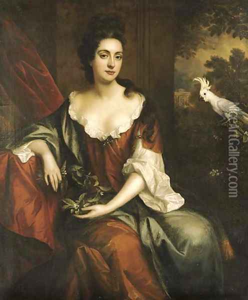 Portrait of a lady, three-quarter-length, seated in a brown dress with a blue cloak, holding orange blossom, by a red curtain with a white cockatoo Oil Painting - Jan van der Vaart