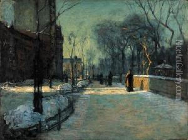 Winter Twilight Along Central Park Oil Painting - Paul Cornoyer