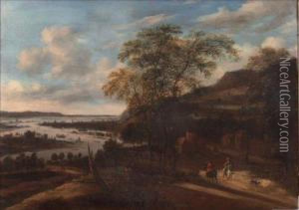 An Extensive Landscape Off The Coast With Figures On Horseback Oil Painting - Dionys Verburgh