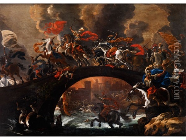 Schlachtengemalde Mit Pferden Auf Einer Brucke Oil Painting - Vincent Adriaenssen