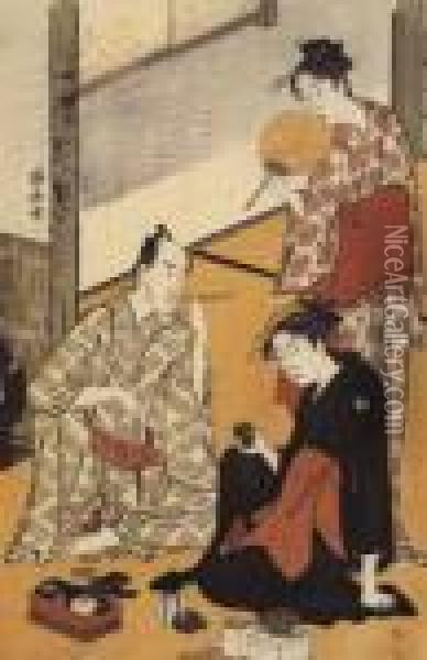Matsumoto Koshiro Iv En Compagnie De Deux Femmes Oil Painting - Torii Kiyonaga