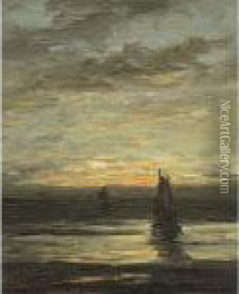 Fishing Boats At Dusk Oil Painting - Hendrik Willem Mesdag