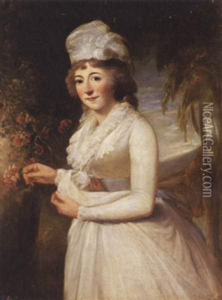 Portrait Of A Lady Standing In A Landscape And Wearing A White Dress And Bonnet Oil Painting - Robert Home