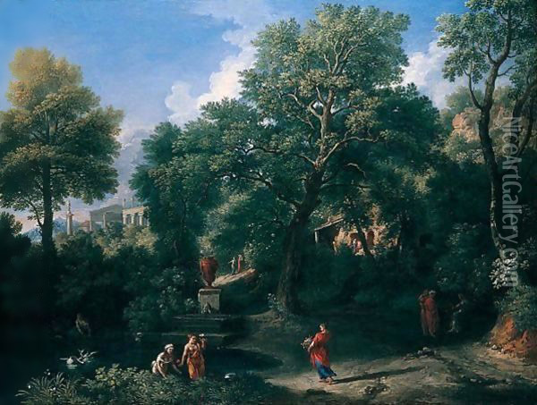 An Arcadian Landscape With Figures Bathing By A Pool, A Classical Temple Beyond Oil Painting - Jan Frans Van Bloemen (Orizzonte)