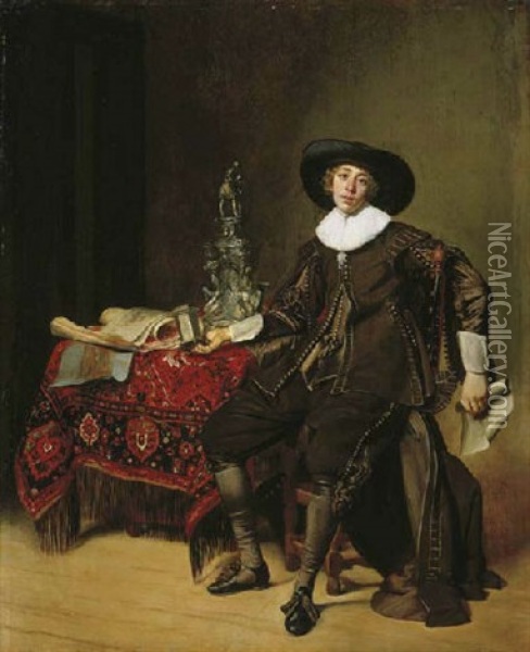 Portrait Of A Silversmith (christian Van Vianen?) In Brown Costume And A Black Hat Holding A Drawing And A Salt Cellar, At A Carpeted Table Oil Painting - Thomas De Keyser