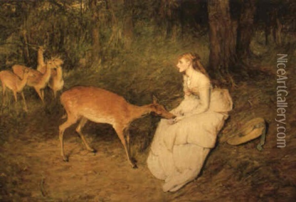 Young Woman In The Woods Feeding A Doe With Other Deer Beyond Oil Painting - Sir William Quiller Orchardson