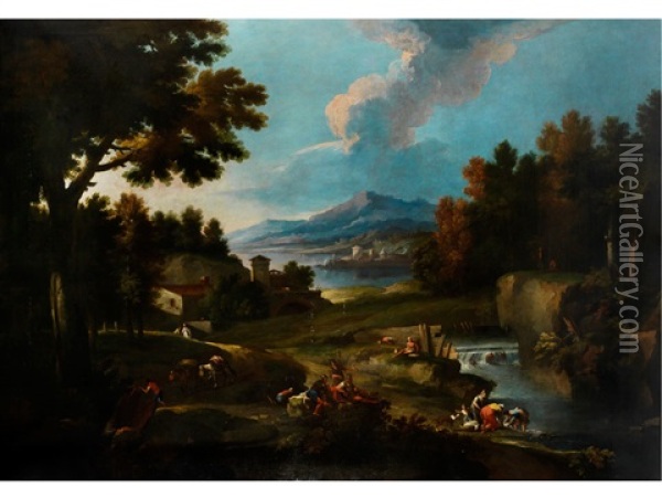 Grosse Landschaft Mit Fluss, Figuren Und Gebauden Vor Einem See Im Hintergrund Oil Painting - Marco Ricci