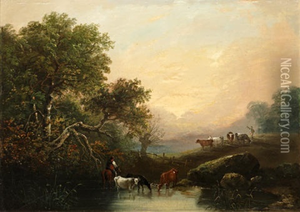 Wooded River Landscape With Cattle Watering (+ Another; Pair) Oil Painting - John Joseph (of Bath) Barker