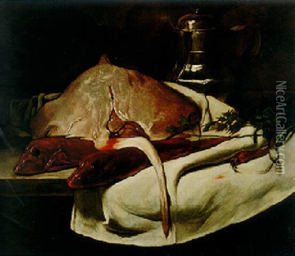 Still Life With Sting Ray And Red Mullets Oil Painting - Francois Bonvin