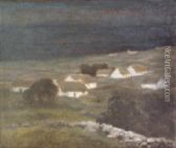 Cottages In An Irish Landscape Oil Painting - John Crampton Walker