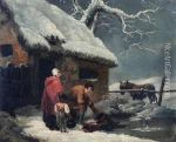 A Snowy Winter Scene With Figures Outside A Cottage Oil Painting - George Morland