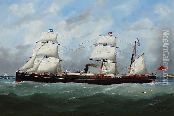 The Auxiliary Steamer 
County Of Sutherland 
 At Sea Under Steam And Sail Oil Painting - Marie-Edouard Adam Of Le Havre