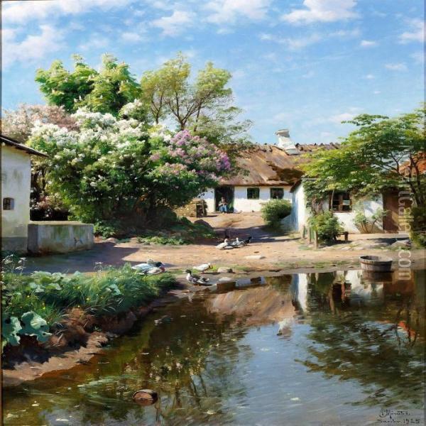 Spring Day At A Thatched House With Blooming Lilacs Oil Painting - Peder Mork Monsted