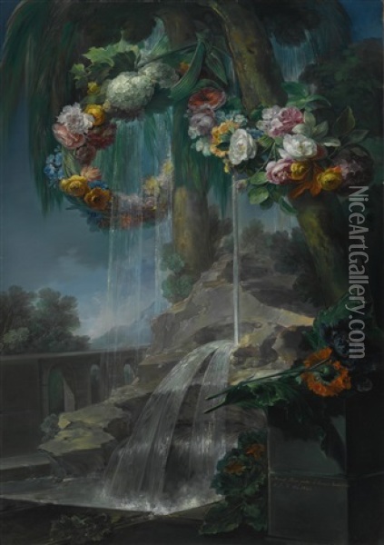 An Outdoor Scene With A Spring Flowing Into A Pool, With Garlands Of Flowers And An Aqueduct Beyond Oil Painting - Miguel Parra Abril