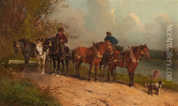 Treidler Mit Ihren Pferden Am Flussufer Oil Painting - Hans (Johann) Haag