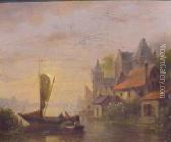 Village At The Water's Edge Oil Painting - Jacobus Van Der Stok